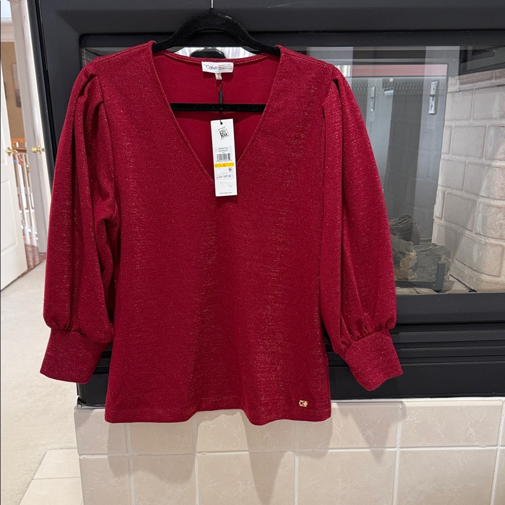 Calvin klain Women's Deep Red V-Neck Blouse